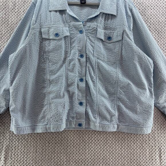 Denim &Co Jacket Womens 3X Blue White Striped Crinkle Cotton Collar Button Front - Picture 3 of 12